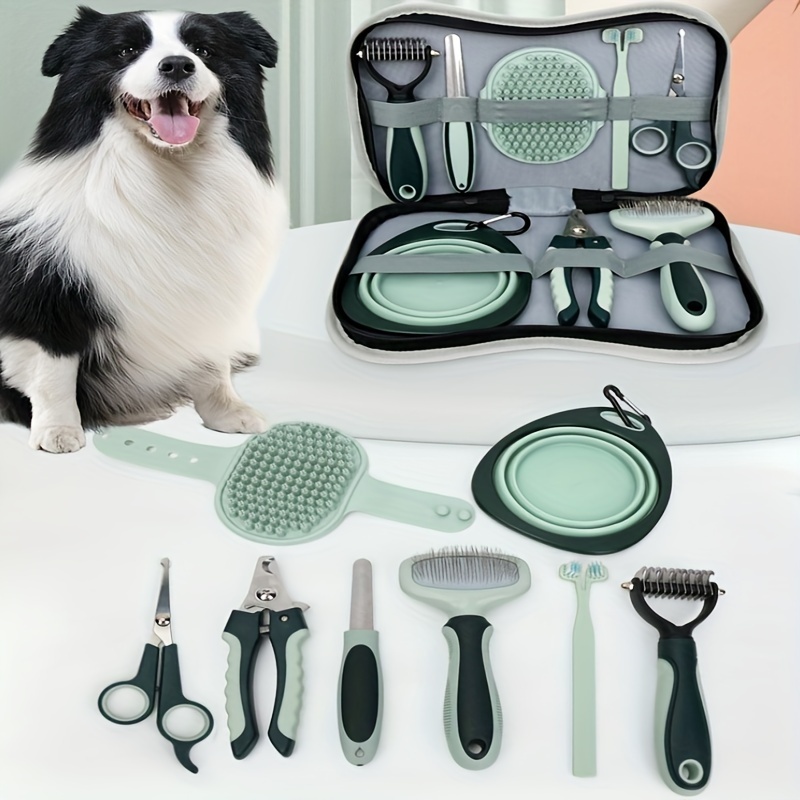 

8pcs Pet Hairdressing Set Cat And Dog Grooming Scissors Hair Removal Needle Comb Bath Brush Knotted Comb Cat Bowl Dog Basin Toothbrush