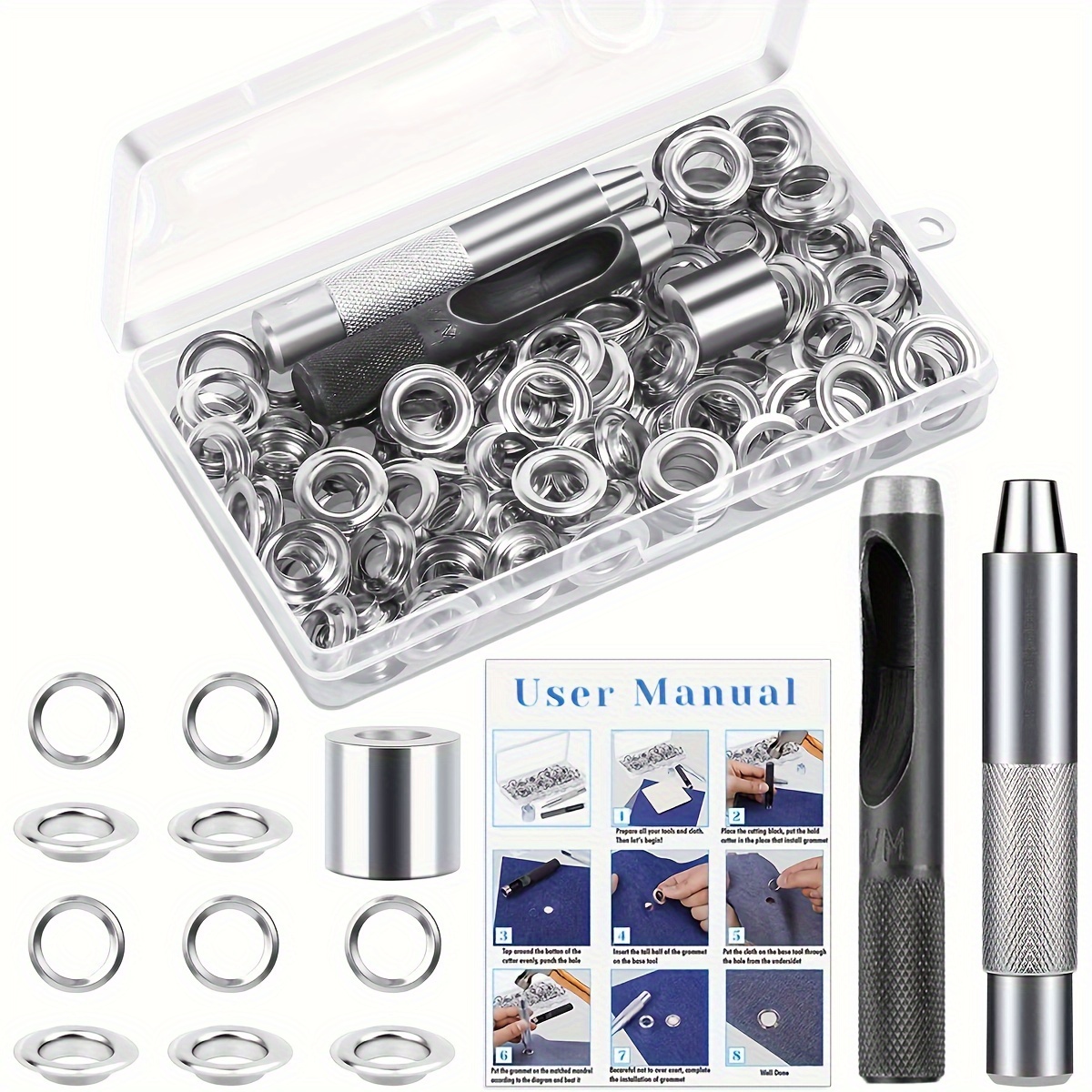 

103pcs 6/8/10/12mm Grommet Tool Kit, Grommets Eyelets Sets, 100 Set Eyelets Kit With 3 Pcs Installation Tools For Clothes Shoes Bag Leather