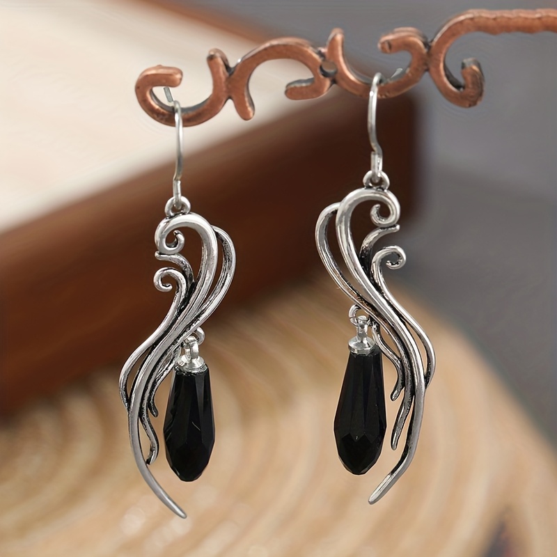 TEMU 1 Pair Of Silvery Color Retro Curly Black Pendant Earrings, Bohemian- Vacation Party Jewelry For Women, Perfect Gift
