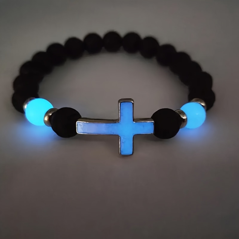 glow in the dark volcanic stone bracelet with multicolor cross beads boho fashion jewelry blu ray 0
