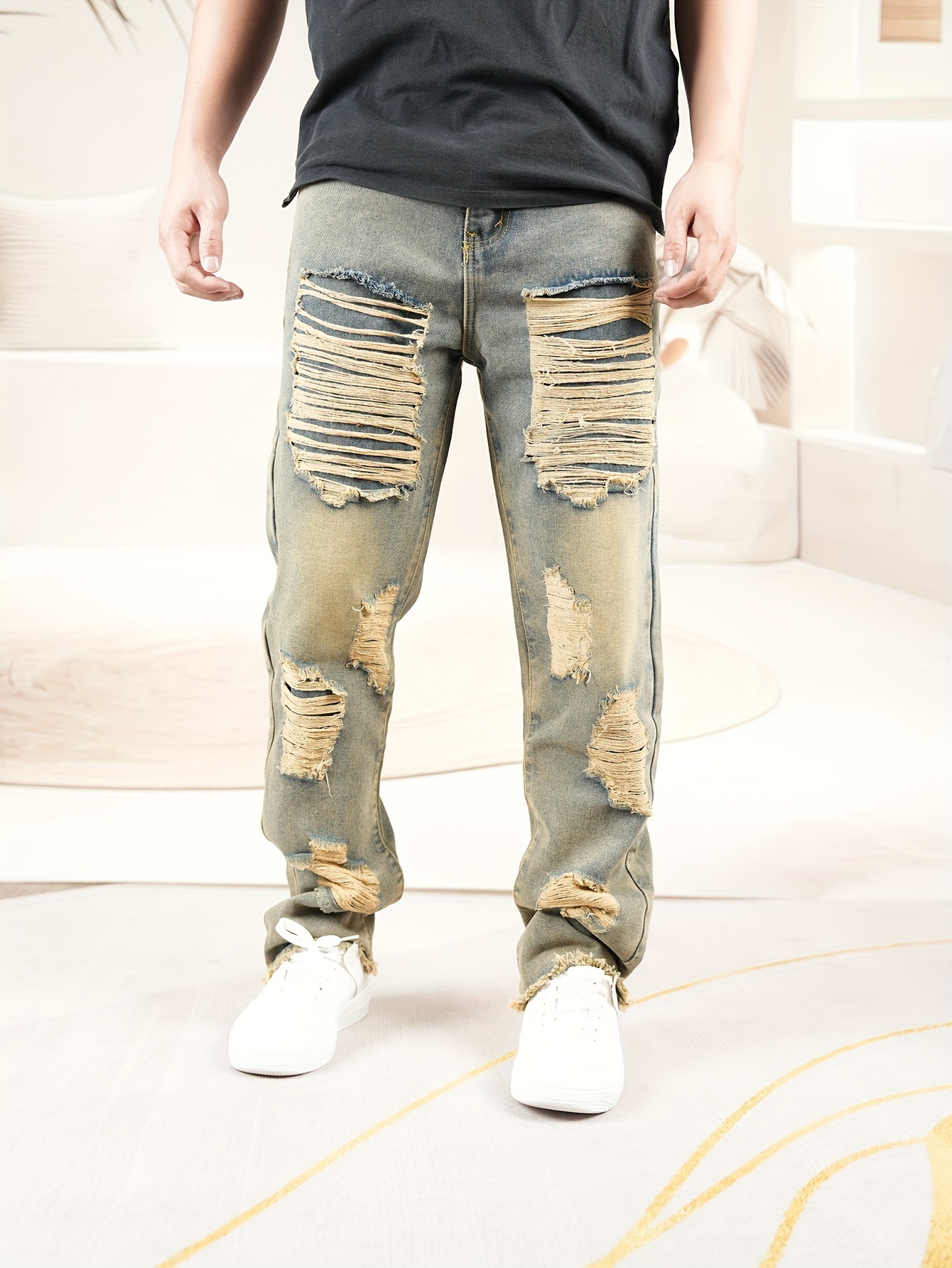 men's vintage distressed pants relaxed fit cargo jeans with
