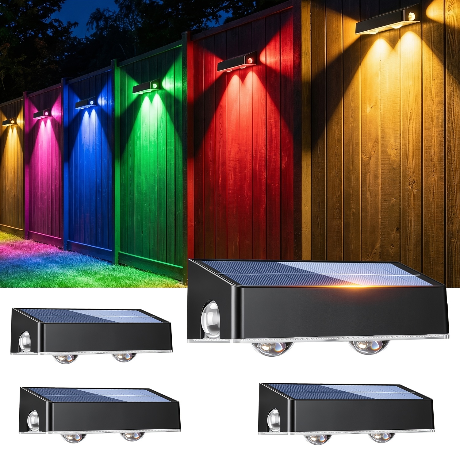 TEMU Lot de 4 lampes solaires d'extérieur pour clôture, 4 lentilles de à haute luminosité, éclairage blanc froid, blanc chaud et RVB, appliques