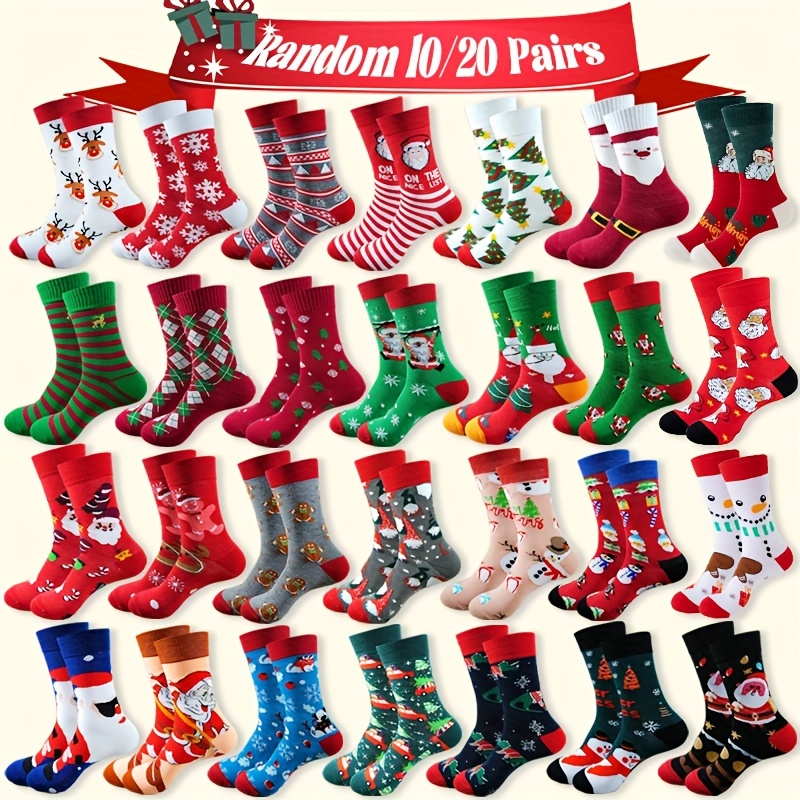 

10/20pcs Christmas Crew Socks - Cozy & Warm, Moisture-wicking With Santa, Snowman, Gingerbread Designs - Gift For Family & Friends, Christmas Clothes