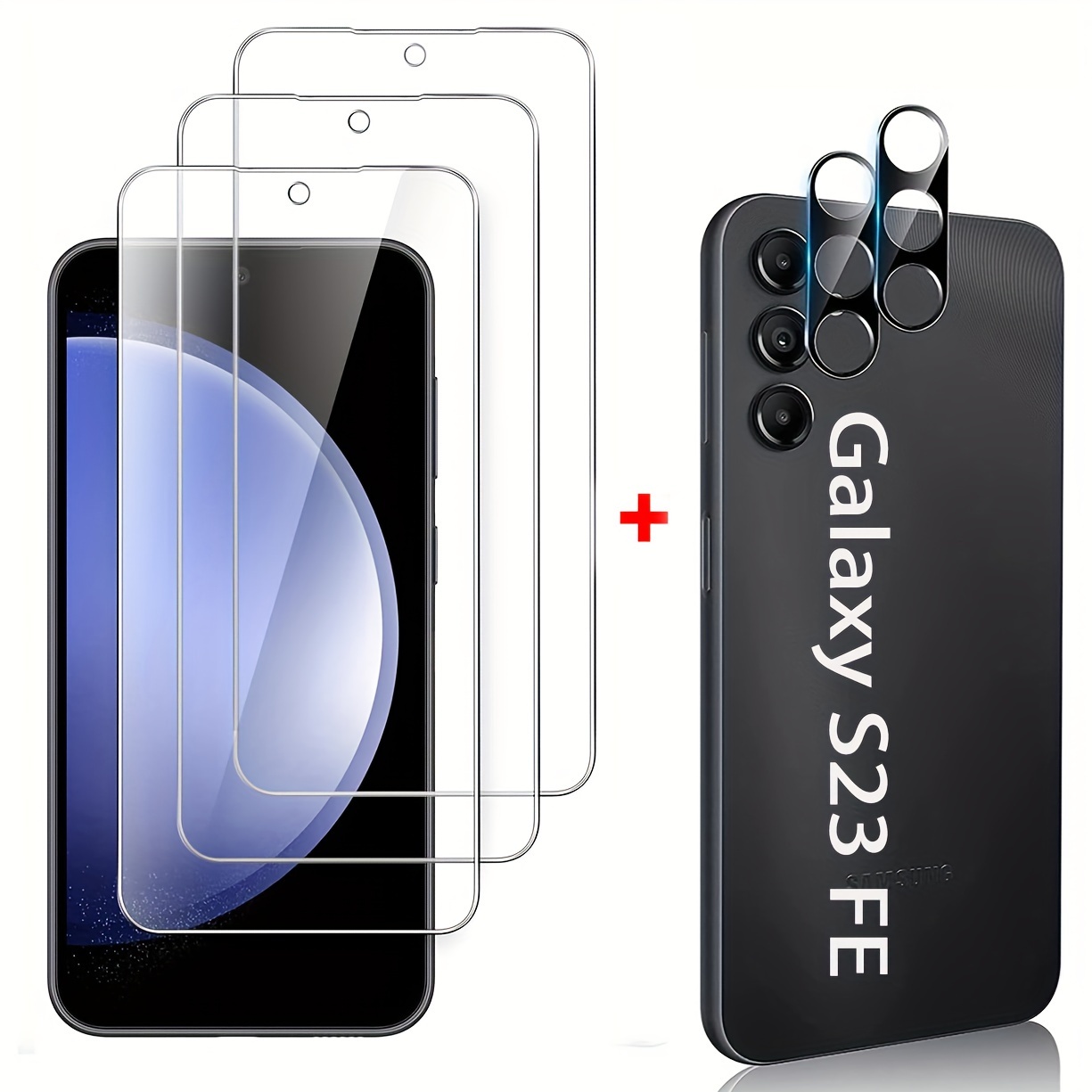 

A Bundle Deal For The Samsung Galaxy S23 FE, Including 3 Tempered Glass Screen Protectors And 2 3D Camera Lens Protectors.