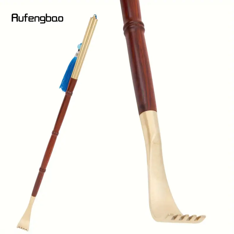 wooden scratcher back massager ergonomic handle with blue ribbon smooth curved design for reach areas durable red golden for personal use tool selfmassage aid elegant personal care polished wood durable wood craft wood home relaxation Product details 3