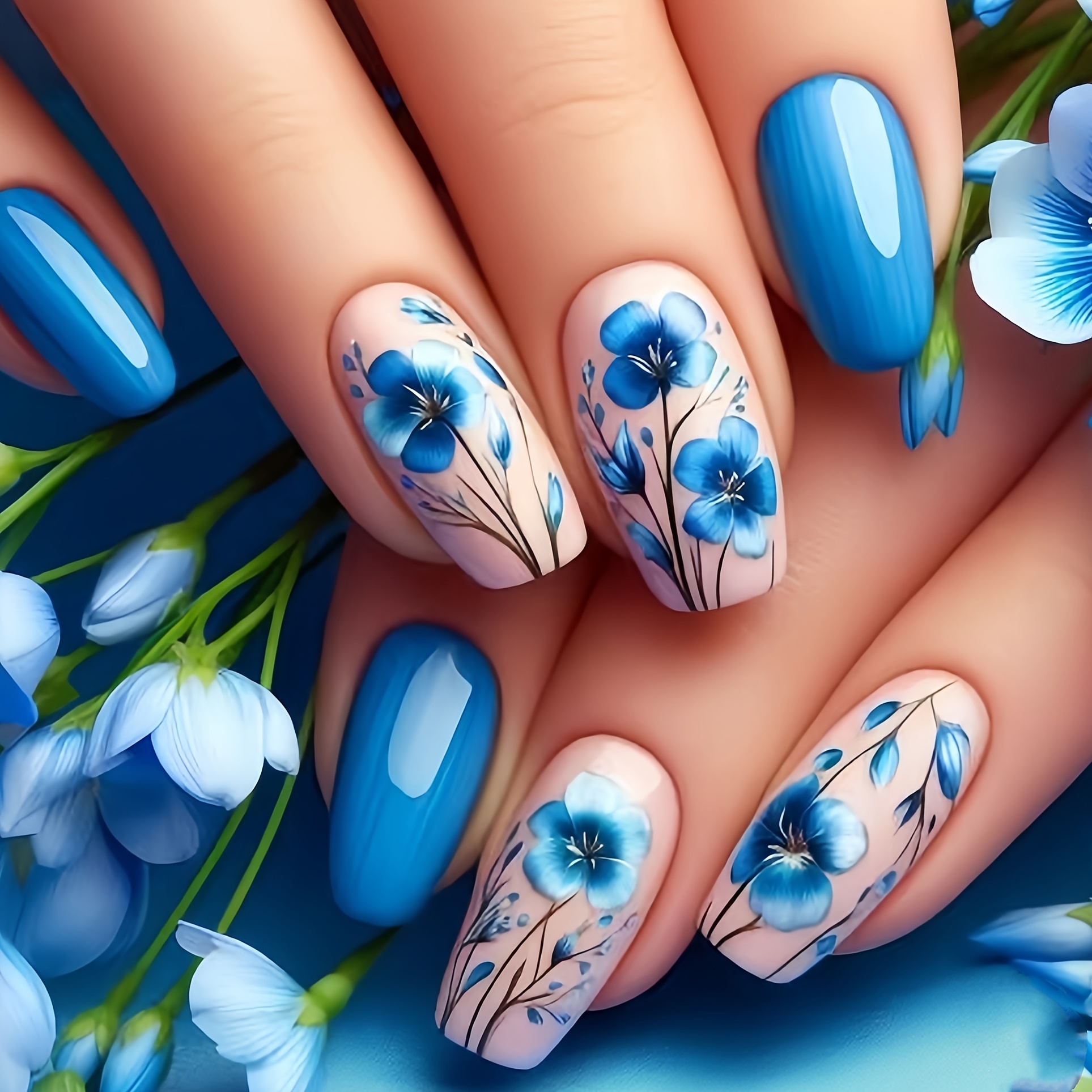 

Ensemble de ongles pressés en de carré, de longueur moyenne, avec un brillant et des floraux pour la printemps-été.