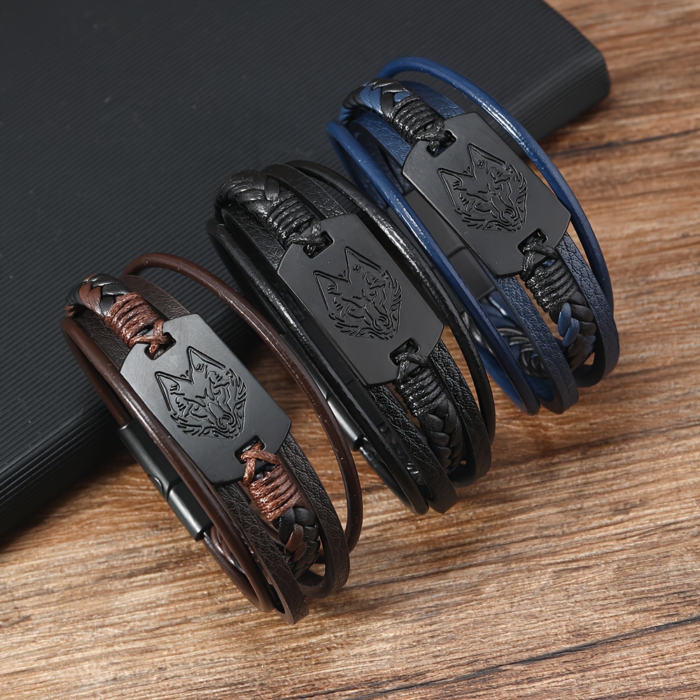 Men's Wolf Head PU Leather Bracelet Casual Jewelry