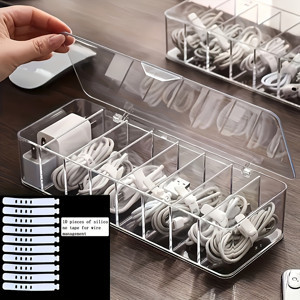 TEMU -use, Large Cable Organizer Box Clear Dividers - Desktop Cord Management For Strips, & - Accessory