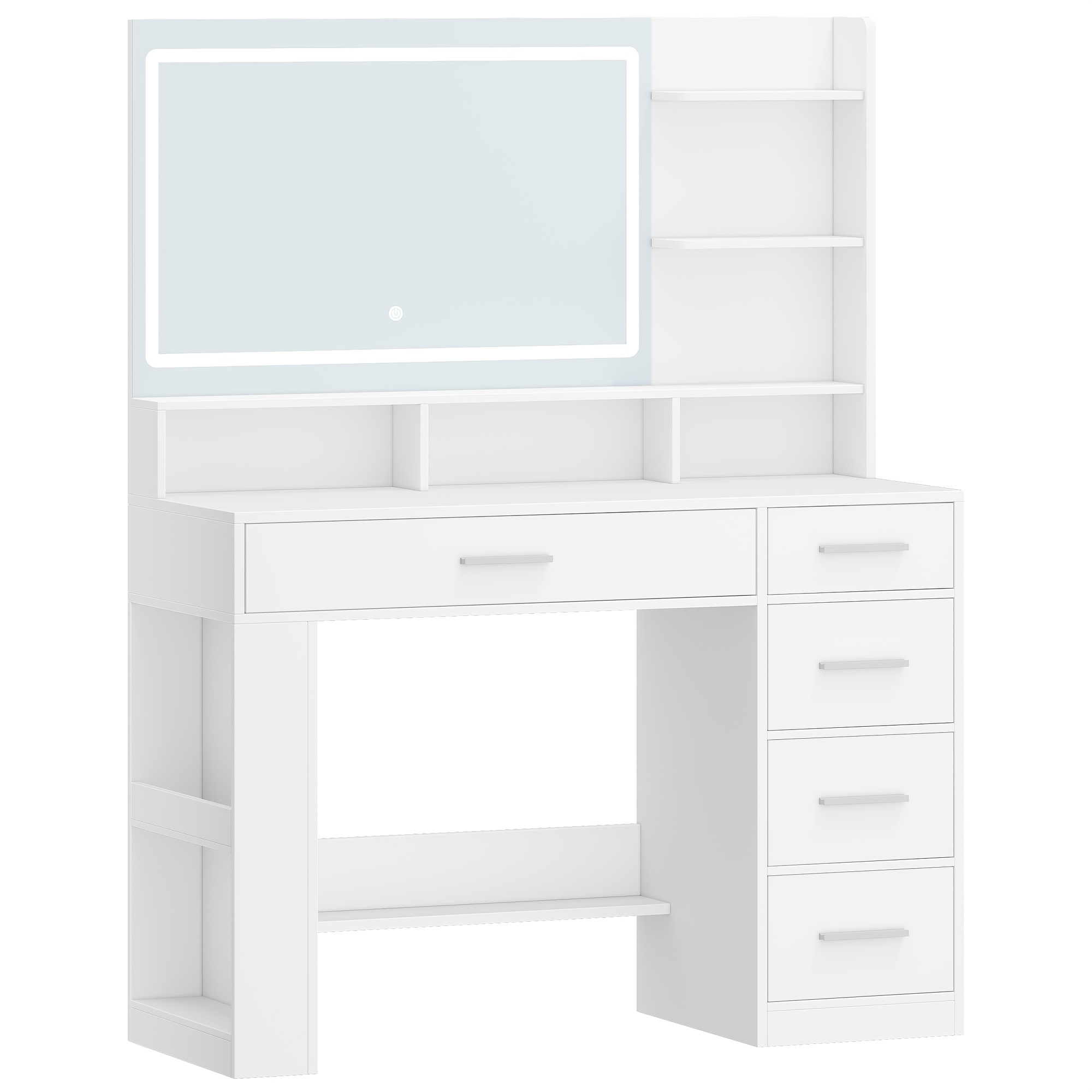 Large Dressing Table With A High-definition Mirror, Led Lights, 6 Open Shelves, 5 Drawers, And Storage Space; White.