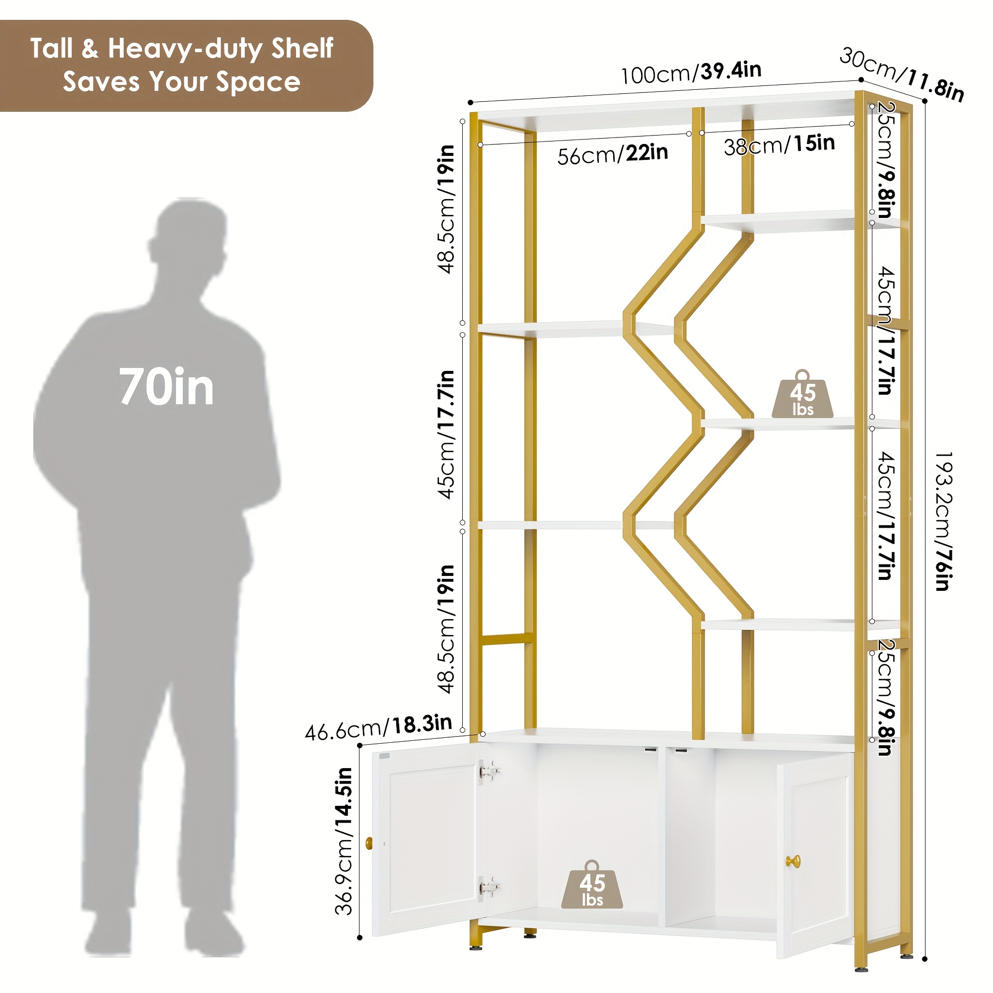76'' Tall Industrial Bookshelf with Doors, Display Large Bookcase With Storage and Organization Cabinet, Unique Geometric Metal Frame Design, Sturdy Wooden Shelves, Organizer for Library, Living Room, Bedroom, Office, White and Golden/Brown and Black