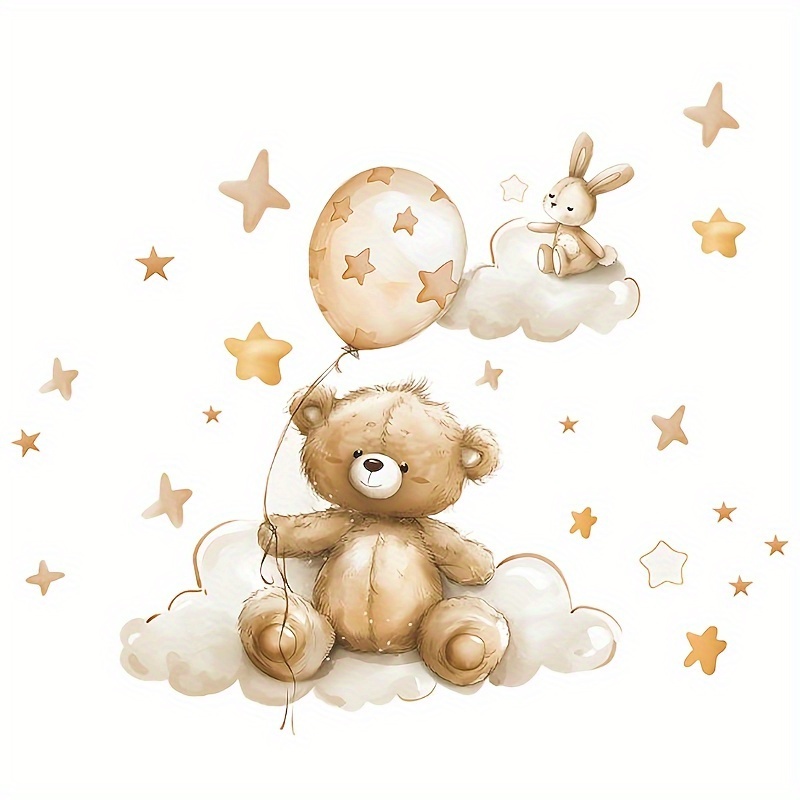 1pc Of Bedroom Wall Decal - Clouds, , And Stars - Self-adhesive, Reusable, Cloud Plush Bear Bedroom Living Room Study Background Decorative Wall Sticker