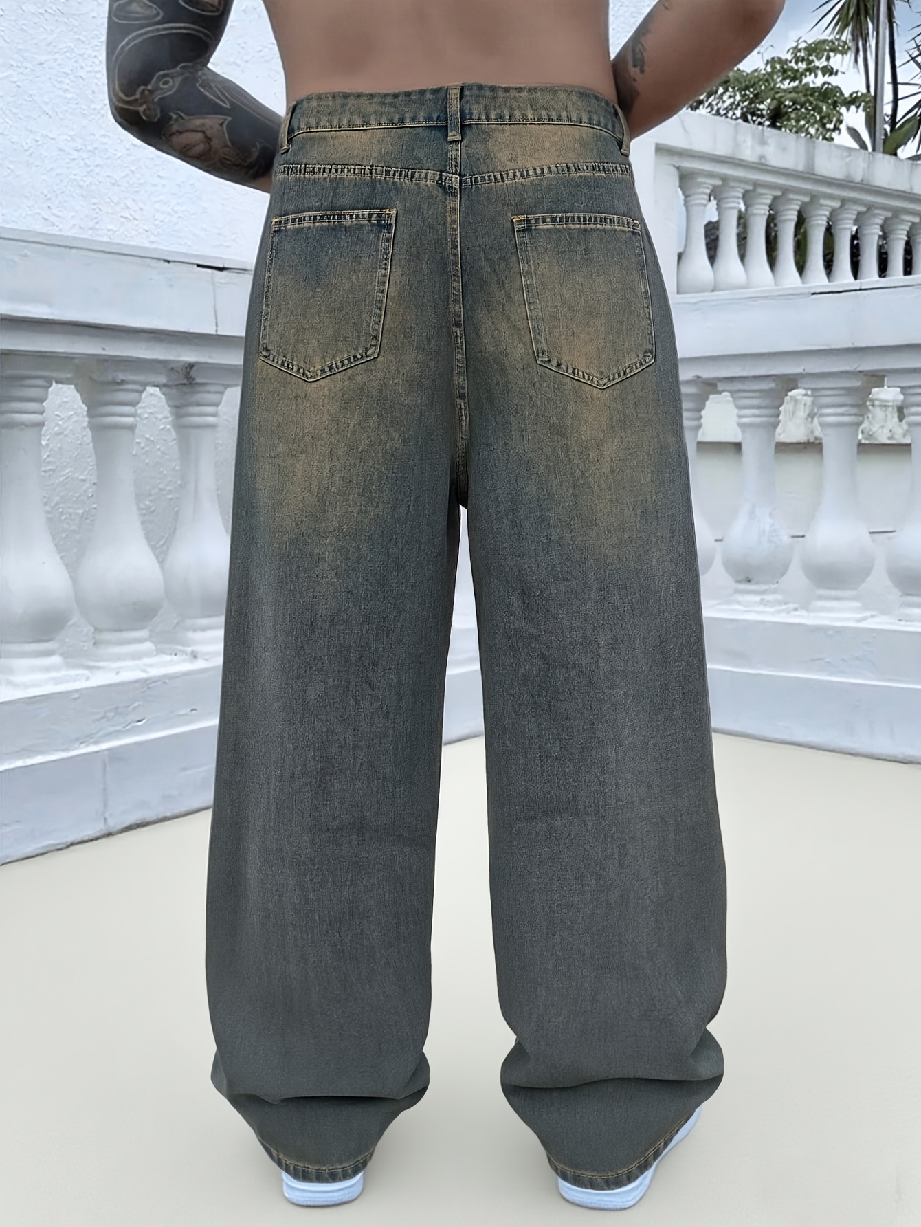 japanese korean vintage mens blue gradient wash ultra baggy - Temu