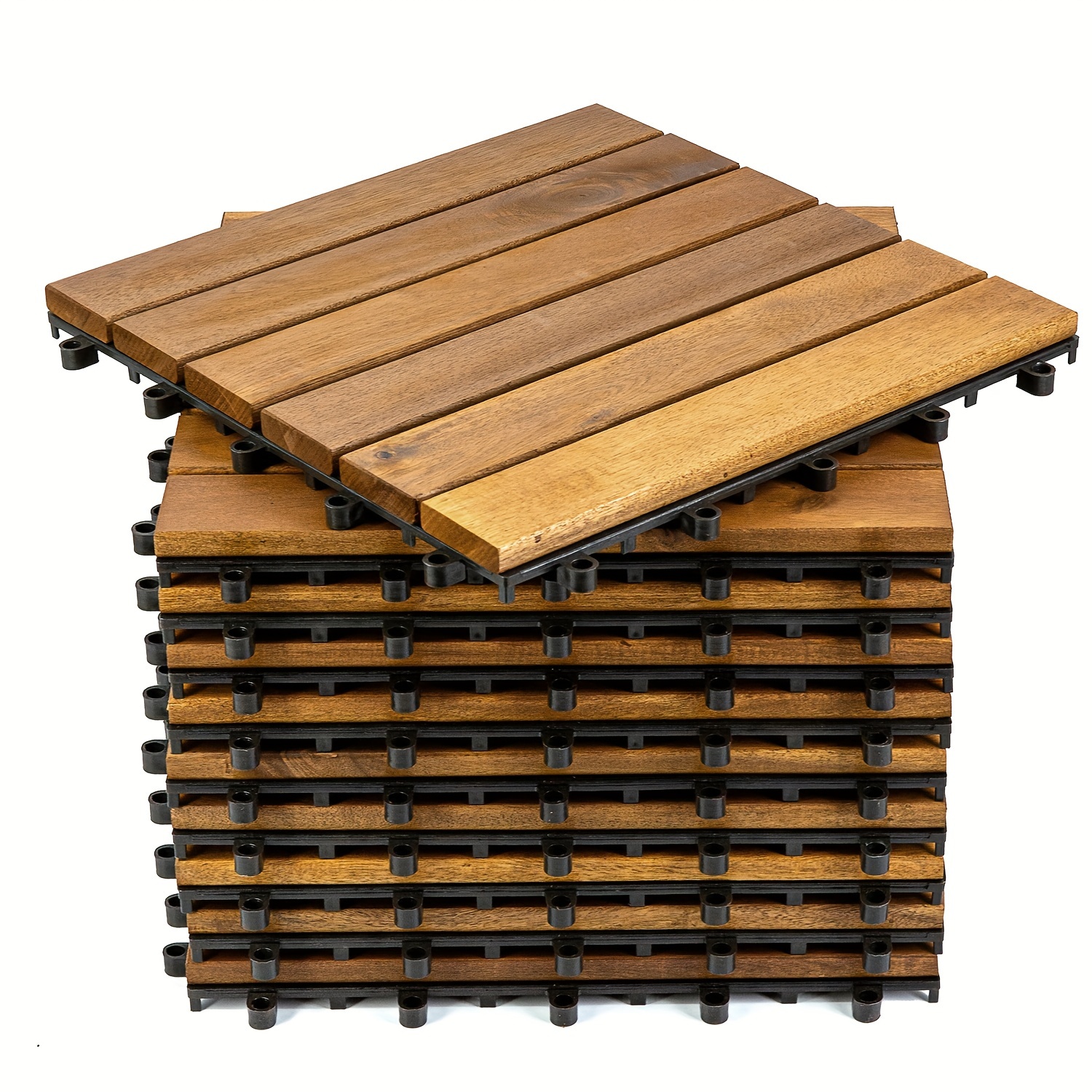 

10pcs/30pcs 12 Inch X 12 Inch Acacia Wood Interlocking Flooring Deck Tile Brown 6 Slats