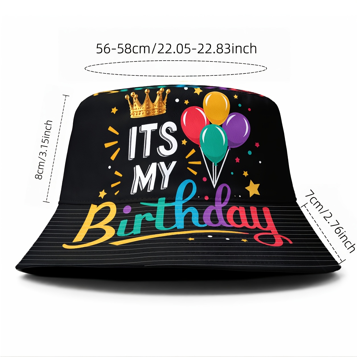 TEMU 1pc " Birthday" Unisex Bucket Hat, Black Fisherman With Colorful Balloons, Crown, Stars And Confetti Print, Novelty Birthday Party Hat For