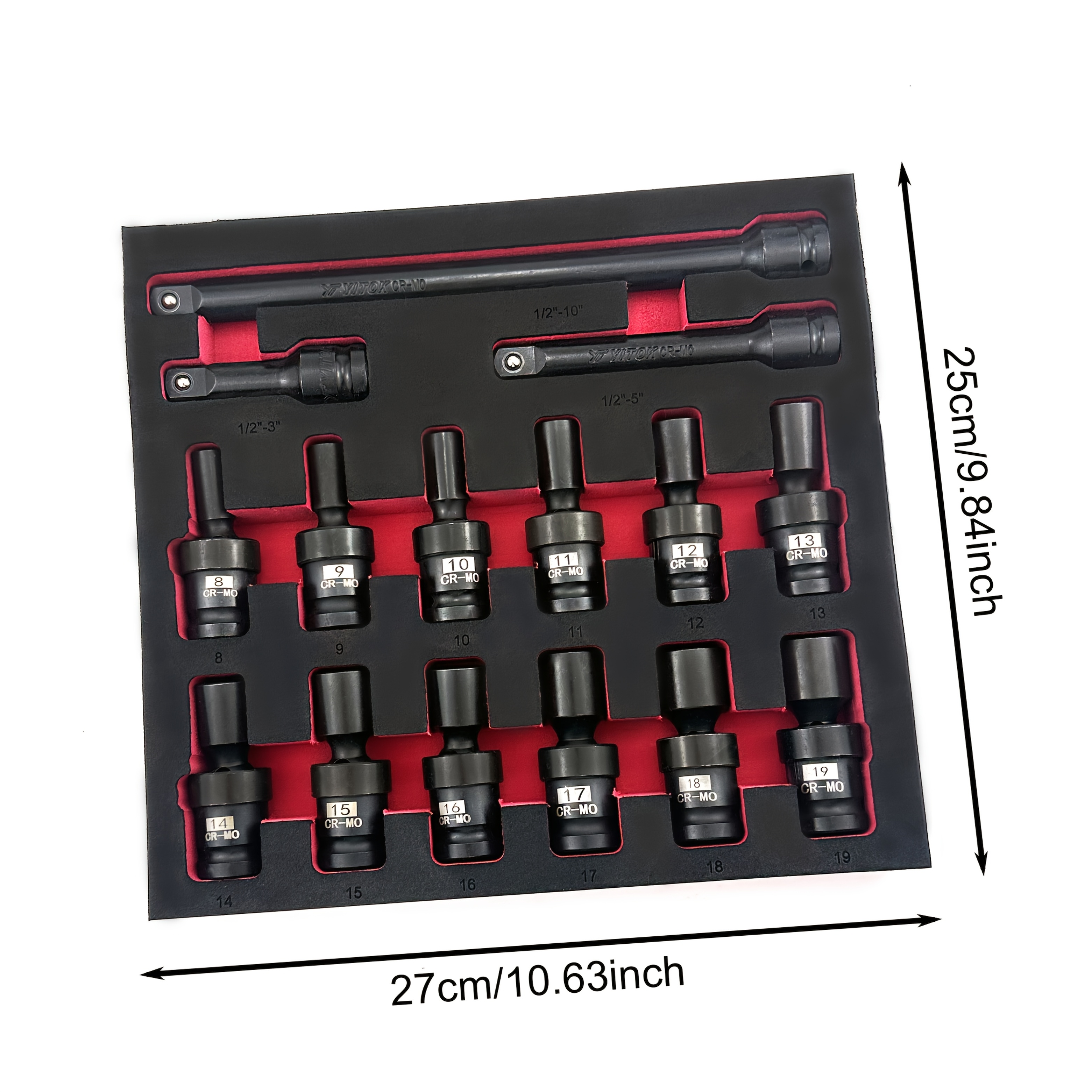 TEMU A Set Of 15 Adjustable 1/2 Inch Drive Universal Sockets With Square Hex Sizes From 8 To 19mm, Of 360° Rotation, Includes 3 Extension Bars Of