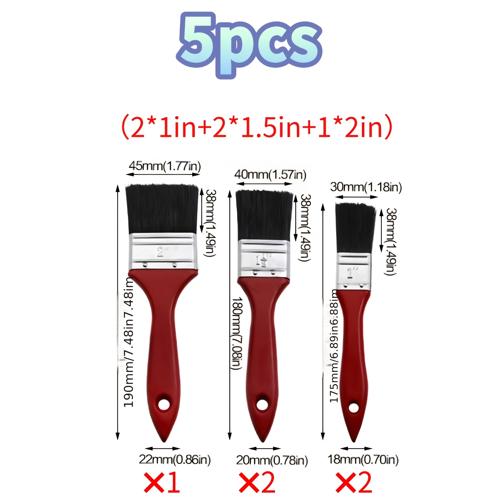 TEMU 5pcs Paint Brushes, Bristles With Red Wooden Handle And Bristles, Suitable For Wall Painting, Furniture, Crafts, And Use On Acrylics, Paintings,