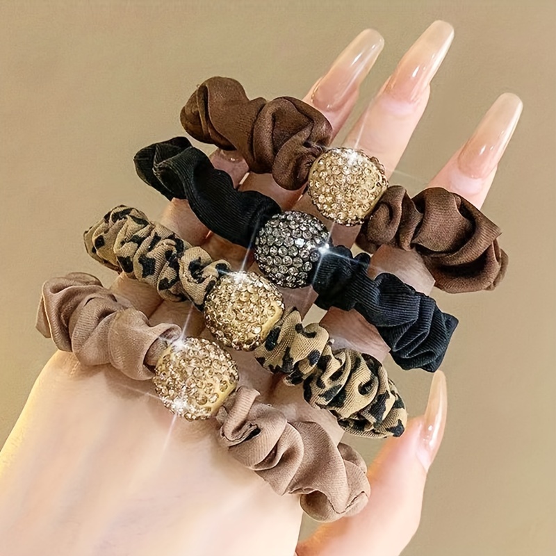 4pcs Mixed Color Set, Using High-elastic Leopard Print Rhinestone Ball Hair Band, Very Suitable For Women's Ponytails And Buns