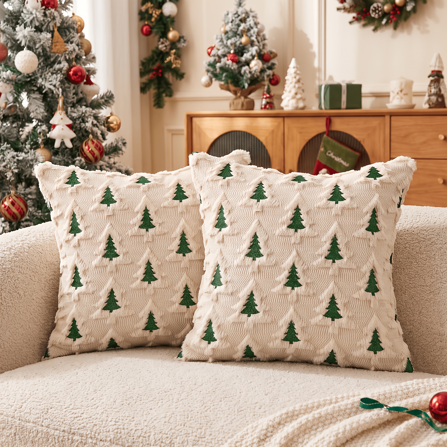 TEMU 2pcs Christmas Embroidered Cushion Covers 18x18 Inch, Premium Throw Pillow Cases With Santa And Christmas Tree Embroidery, Cozy Holiday Decor