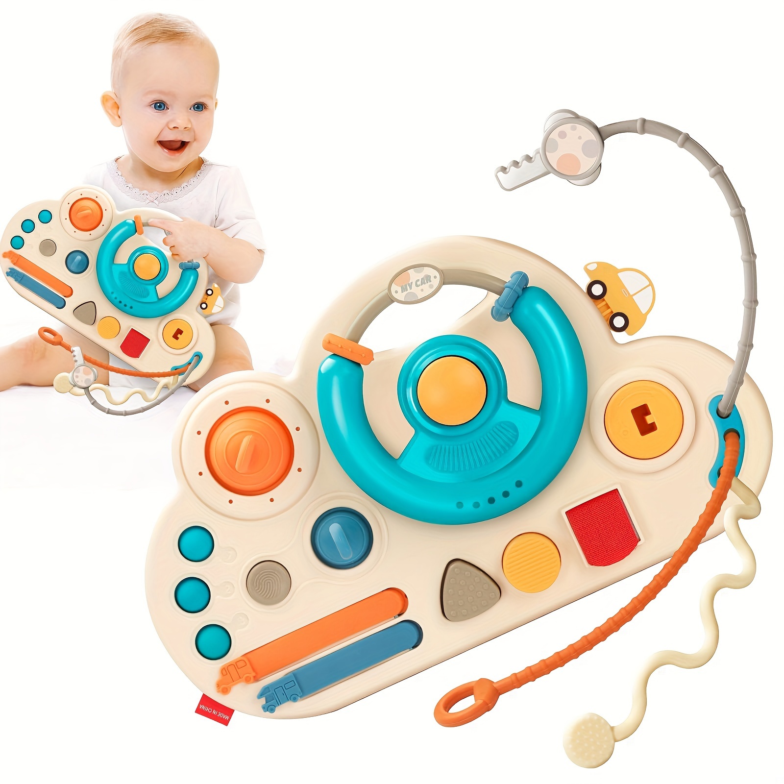 

Montessori Early Education Busy Board For Infants & Toddlers 0-3 Years - Multifunctional Simulation Steering Wheel Playset, Plastic Baby Toy For Learning To Drive, Random Color Details