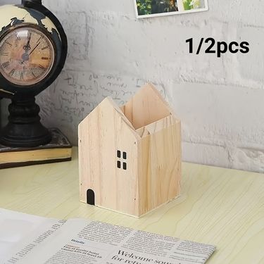 1pc/2pcs Small House Shape Pen Holder Storage Box Color Lead Box Wooden Retro Desktop Decoration, Desktop Makeup Brush Storage Box