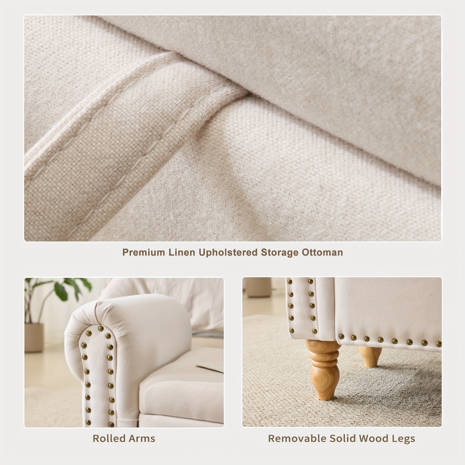 ATOMHAUS Upholstered Storage Bench for Bedroom End Of Bed Rolled Armed Corduroy Linen Fabric Ottoman Couch Long Bench Window Sitting Fireplace Toy Storage Bench Living Room Furniture