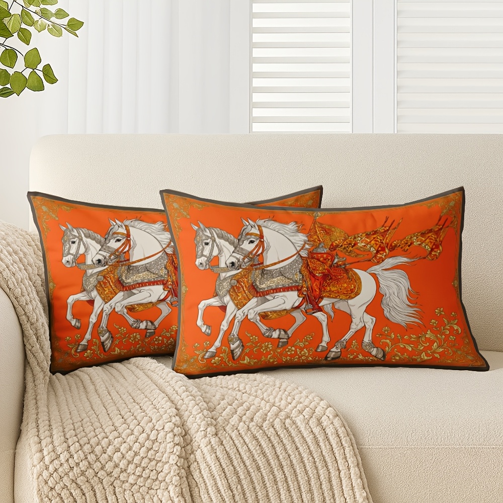TEMU 2pcs Double-sided Printed Traditional Art Quality Pillowcase, 12x20 Inches, White Horse And Ornate Red Carriage, Soft And Stylish Design, Daily