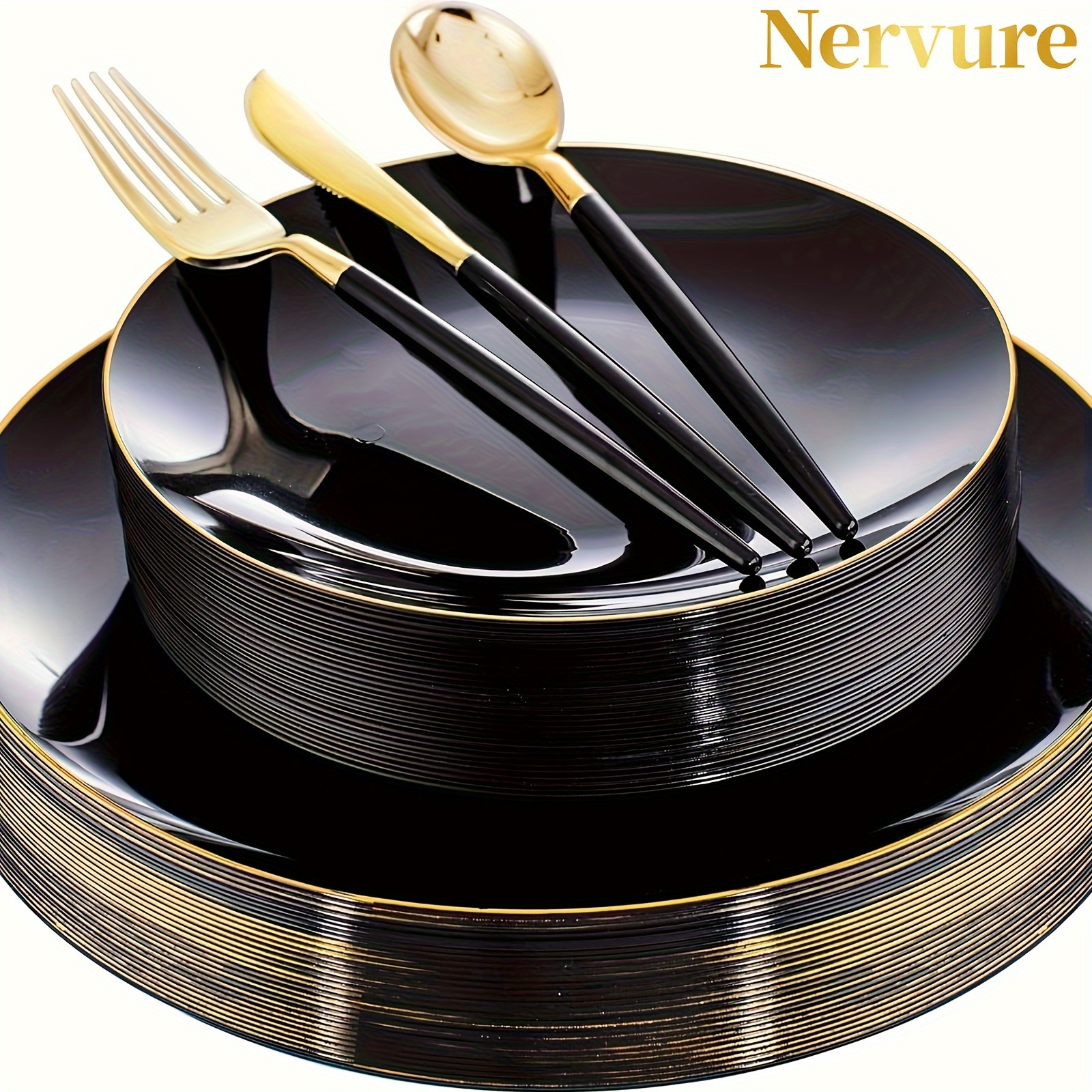 

150pcs Nervure Black Plastic Plates - Black And Golden Disposable Plates - And Party With High Quality Heavyweight Golden Plastic Tableware And Black Plastic Silverware