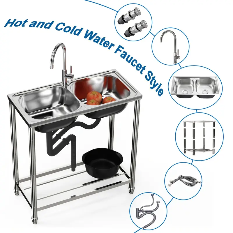 grösse: 78x43x82cm freistehendes waschbecken, 2 waschbecken, badezimmer-waschbecken, waschbecken mit heiß- und kaltwasserhahn, für küche, außenbereich, camping, garten, garage Produktdetails 0