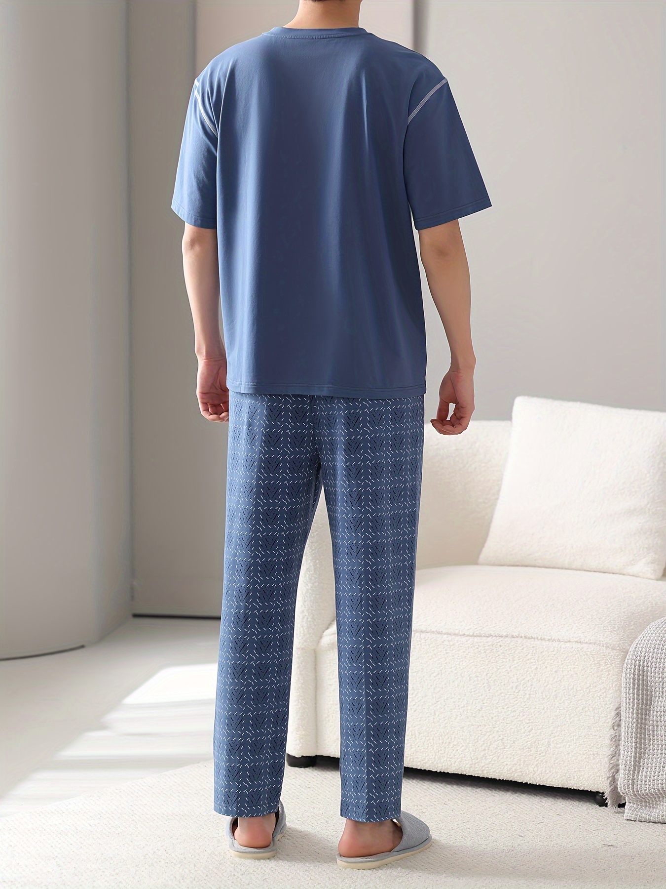 Men's Summer Cotton Pajama Set - Lightweight, Breathable Short Sleeve & Long Pants with Pockets, Casual Round Neck Sleepwear, Plus Size, Home Wear