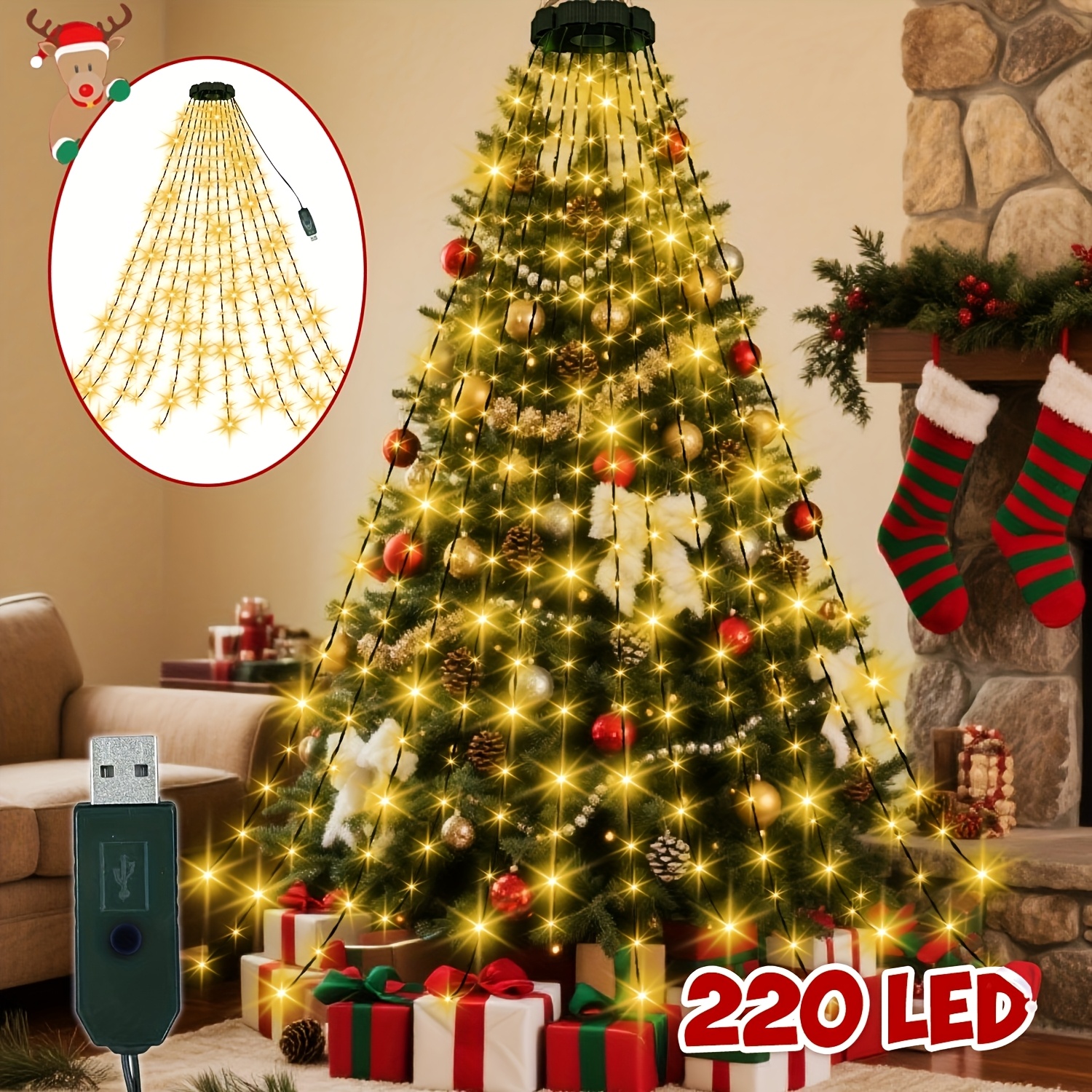 TEMU Luces decorativas para árbol de Navidad: Guirnaldas de luces navideñas de 220 LED/400 LED, luces para árbol de Navidad con anillos para árbol