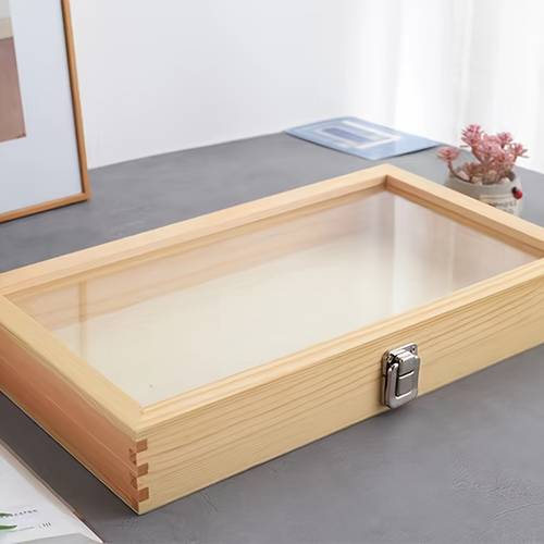 photo de l'article 1 lot de vitrine en bois verrouillable avec couvercle transparent - boîte de rangement rectangulaire pour objets , souvenirs, bijoux, cadeaux et memorabilia - construction en bois robuste avec métallique sécurisé, vitrine pour objets