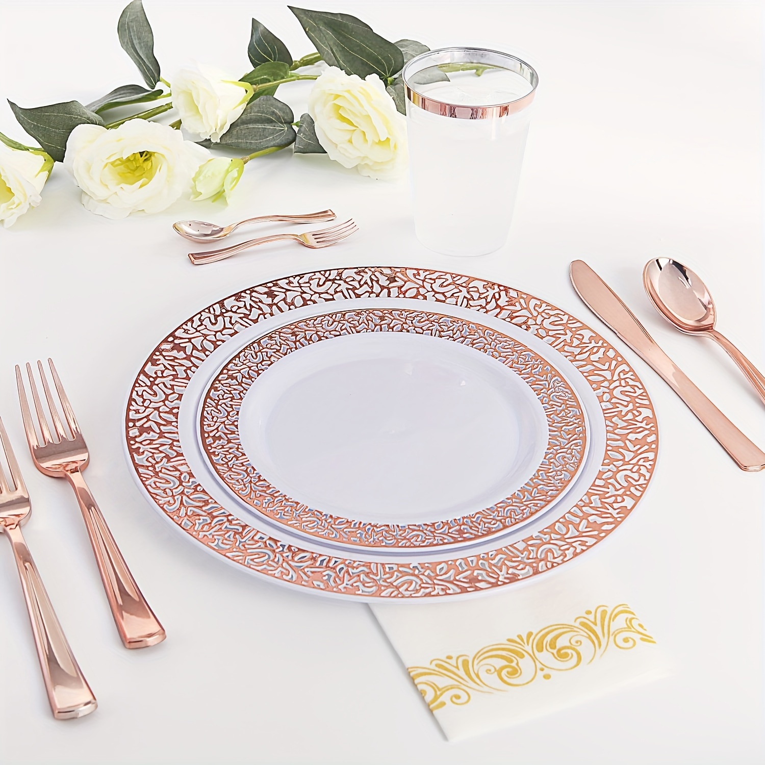 

Wellife A 102pcs Rose - Lace Design Disposable Plastic Plates - Thanksgiving Plates 51 Plastic Dinner Plates 10.25inch, 51 Salad Plates 7.5inch Rose Golden Plastic Plates