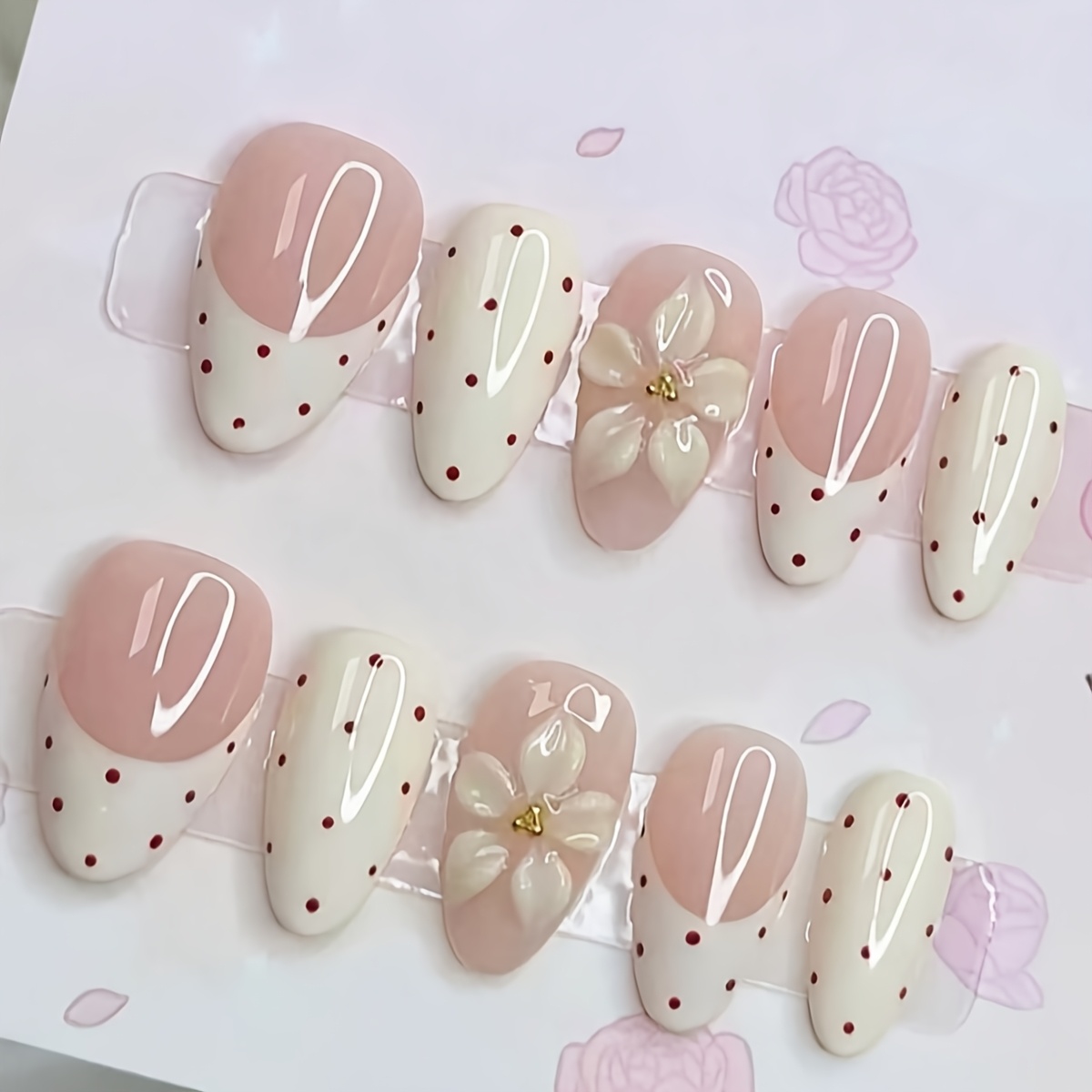 TEMU 10pcs Almond-shaped Medium-length Nail Set, Featuring A Semi-nude Blush Gradient, 3d Embossed Five-petal White Flowers, Burgundy Polka Dots, And