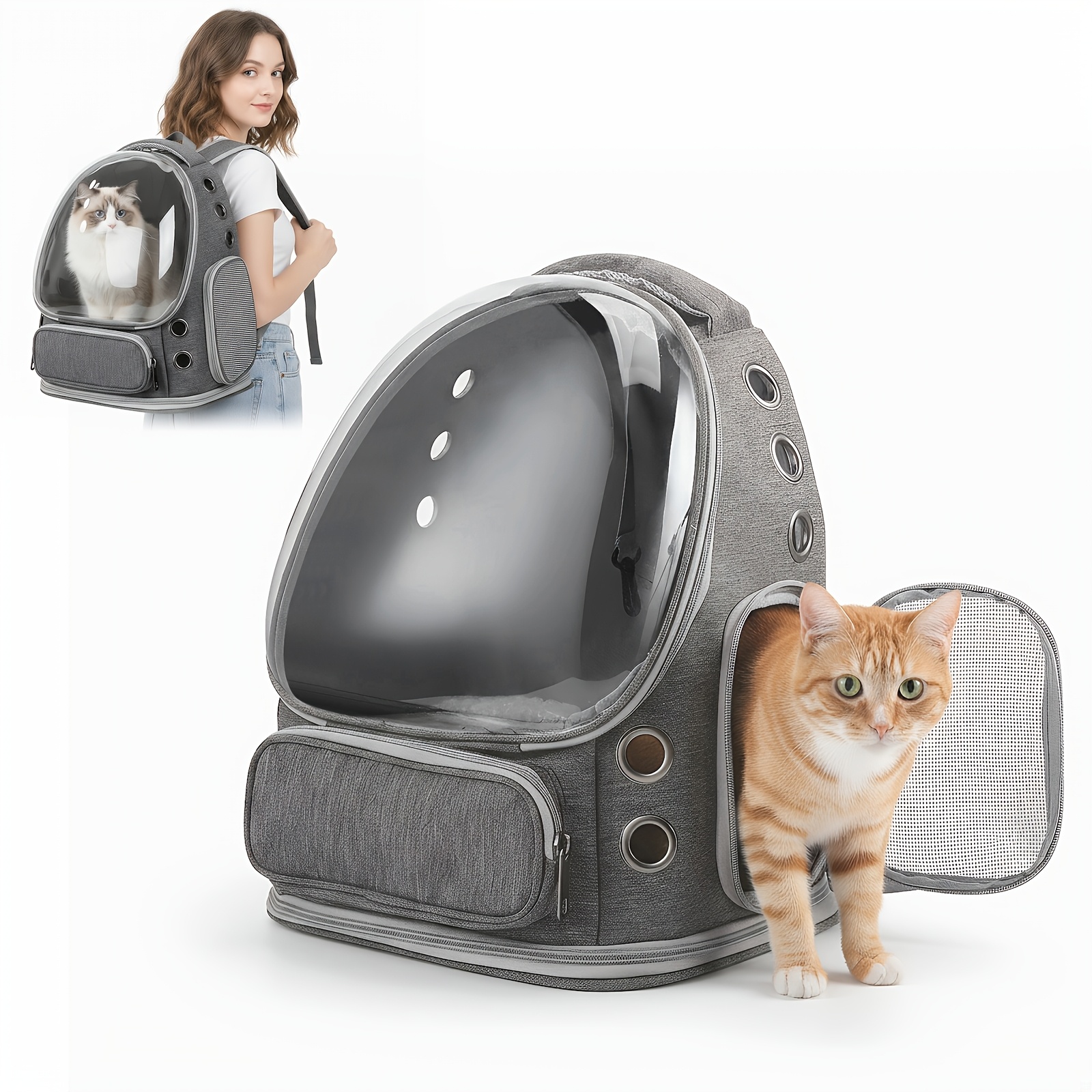 Foldable Bubble Capsule Cat Backpack, Transparent With Mesh Window, Portable Lightweight Travel Bag For Small , Grey, 42 X 34 X 27cm