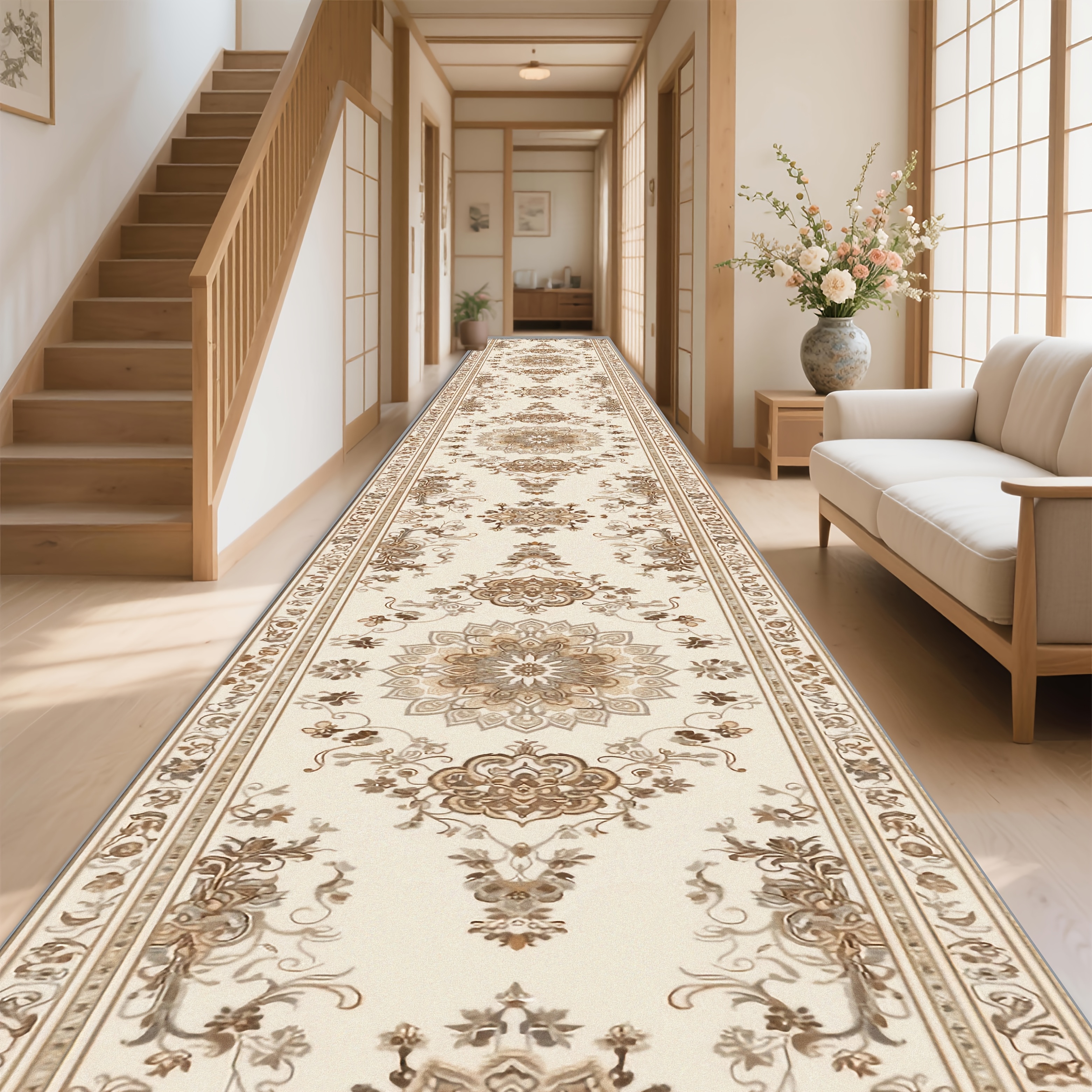 TEMU 1pc Luxury European Floral Machine-washable Polyester Mat - Thick Rectangular Indoor/outdoor Mat For Kitchen, Living Room, Bedroom, Patio &