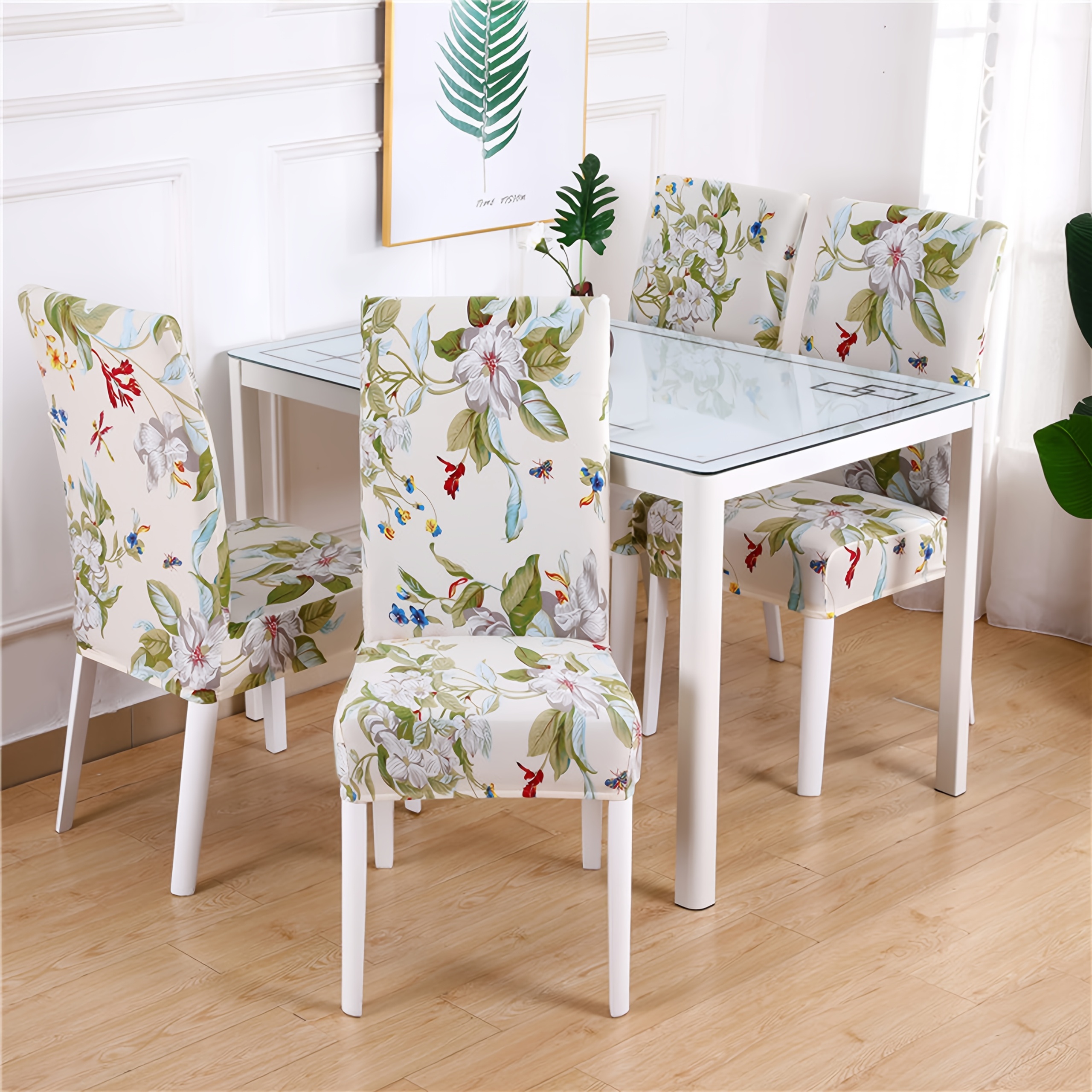 TEMU 4pcs, Polyester Fresh Pastoral Floral And Green Leaf Dining Chair Covers Set, With Hummingbird And Print, Stretchable Chair Slipcovers For