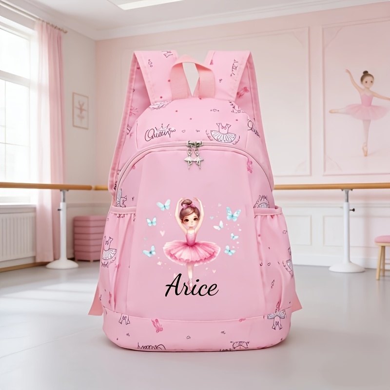 TEMU Customizable Name Ballet Pattern Women's Backpack - Durable Zipper Design, Adjustable Shoulder Straps For Easy Carrying, Suitable For Dance
