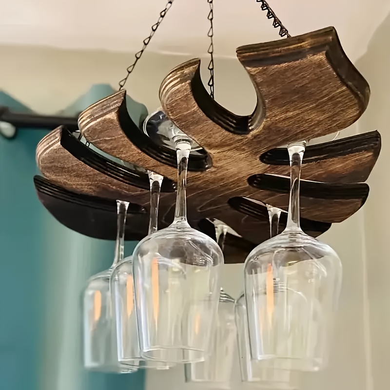 TEMU Wall-mounted Wine Glass Holder Shaped Like A Wooden Ginkgo Leaf - Features A Chic, Space- Design With A Metal Chain, Accommodating 6 Glasses.