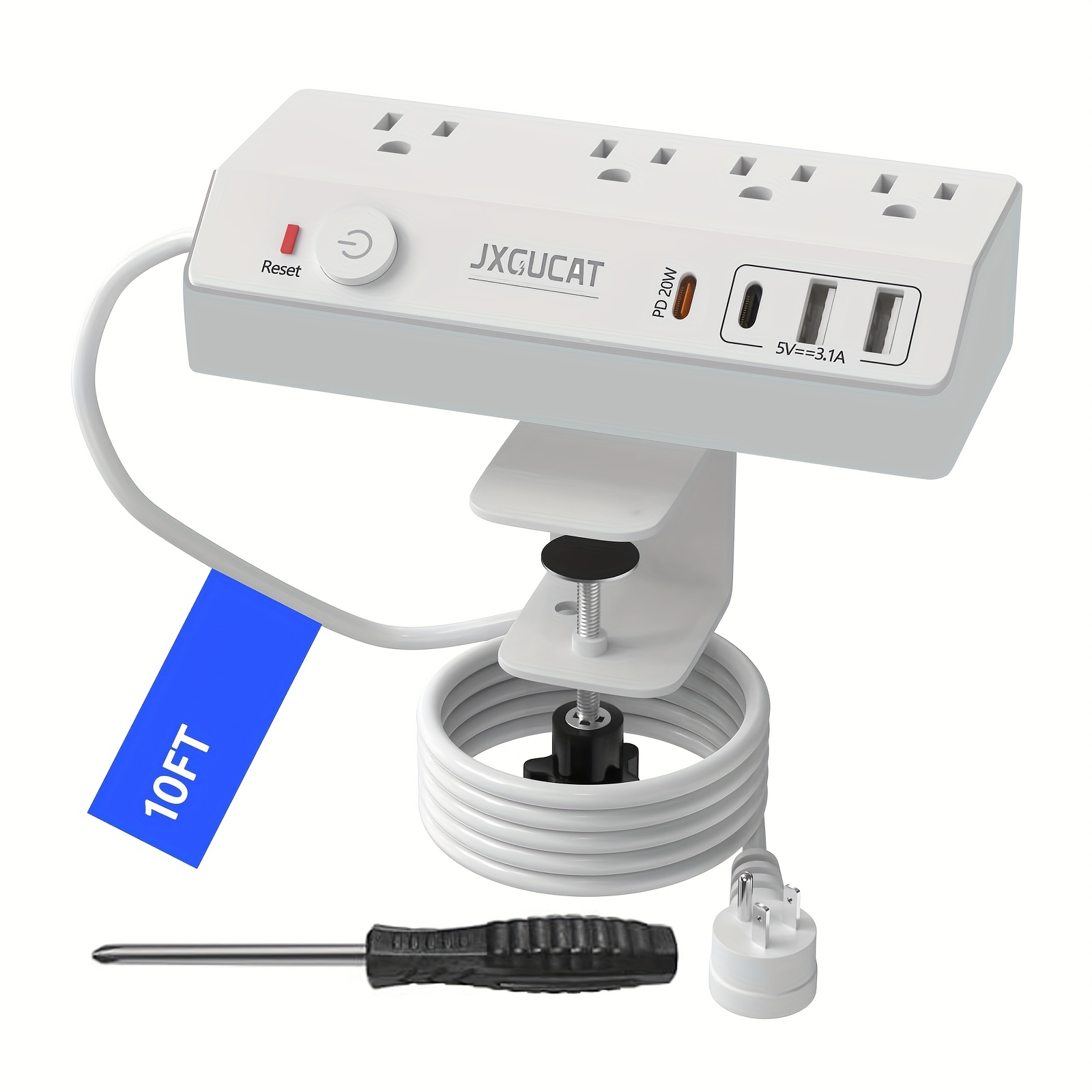 1pc Desk Clamp Power Strip With USB C, PD 20W Removable Fast Charging Desktop Edge Power Strip Surge Protector, 8.8Ft Extension Cord Flat Plug With 4 Outlet 4 USB Ports, Fit 1. 8" Tabletop Edge 7 1pc Desk Clamp Power Strip With USB C, PD 20W Removable Fast Charging Desktop Edge Power Strip Surge Protector, 8.8Ft Extension Cord Flat Plug With 4 Outlet 4 USB Ports, Fit 1. 8" Tabletop Edge - Image 7