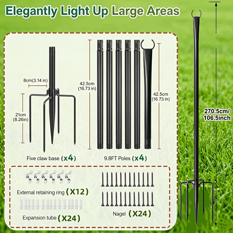 Image of 2/4/6/8 Pack Fairy Lights Poles, Hanging Steel String Pole, String Light Poles, Outdoor Fairy Lights, Outdoor Street Lamp Additions Metal Poles With Clevis For Outdoors
