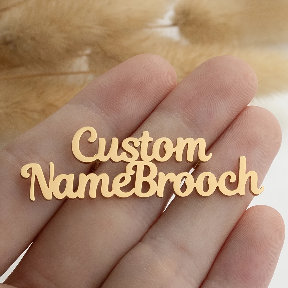 TEMU A Custom Engraved Double-layer Couple's Name Badge - Personalized Stainless Steel Elegant Cursive Brooch, Suitable For Weddings, Anniversaries,