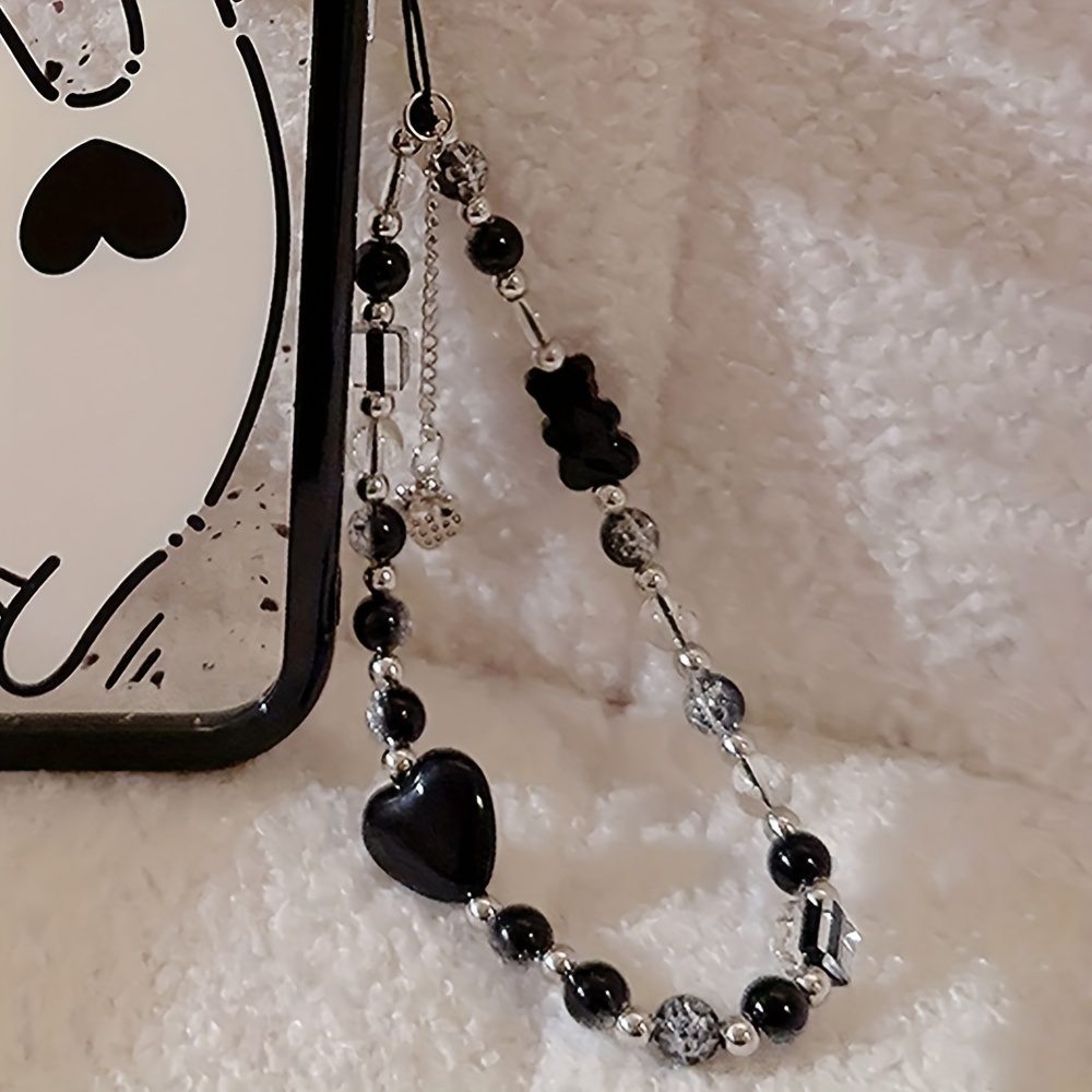 

Acrylic Black Bear Heart Charm Phone Strap - Decorative Cell Phone Lanyard With Acrylic Beads And Love Pendant