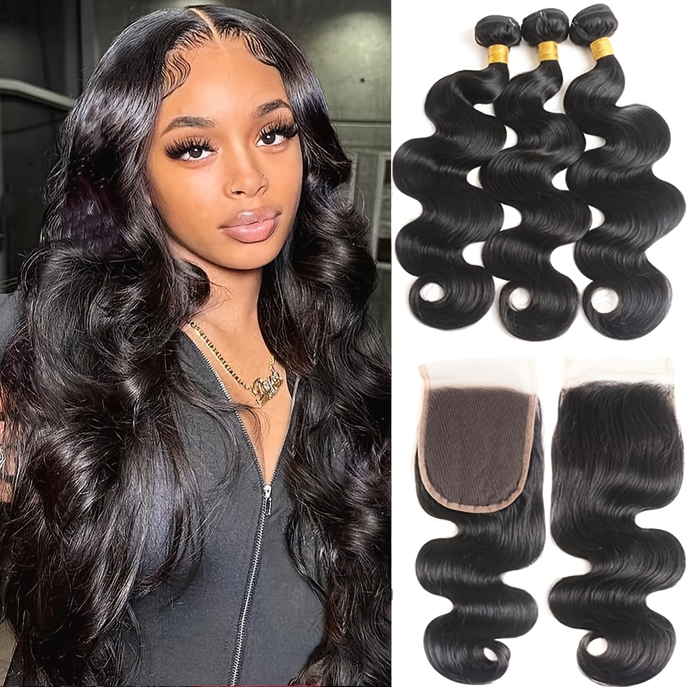 body wave bundles with closure human hair human hair bundles with closure 100% brazilian   body   bundles human hair with 4x4 lace closure natural black details 0