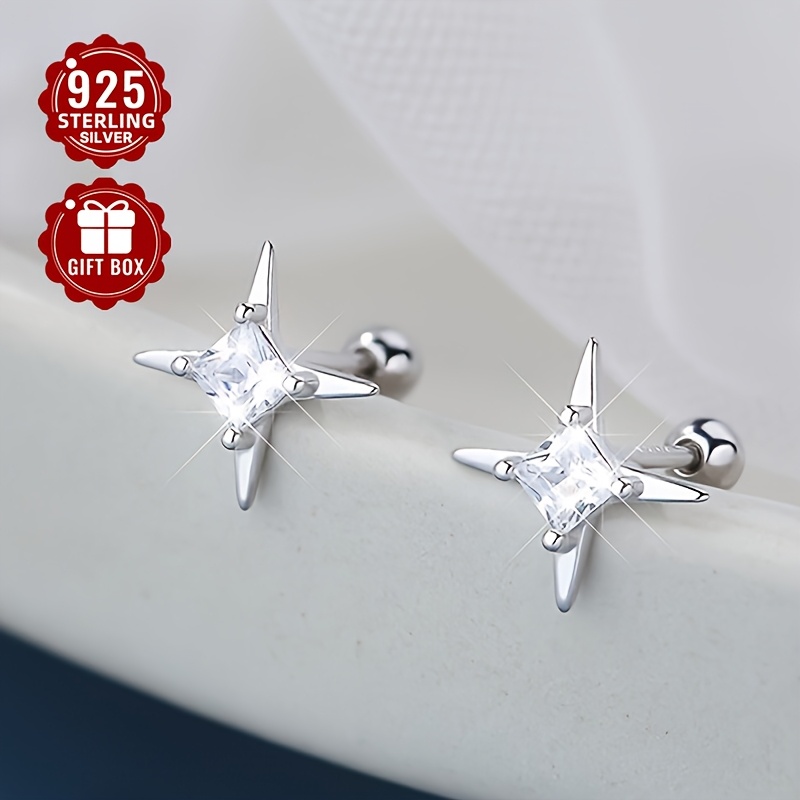 

Vana Elegant Simple Star-shaped 925 Sterling Silver Stud Earrings, 2pc Synthetic Cubic Zirconia Ear Studs For Women, No Plating, Daily And Gift Wear, Versatile Screw