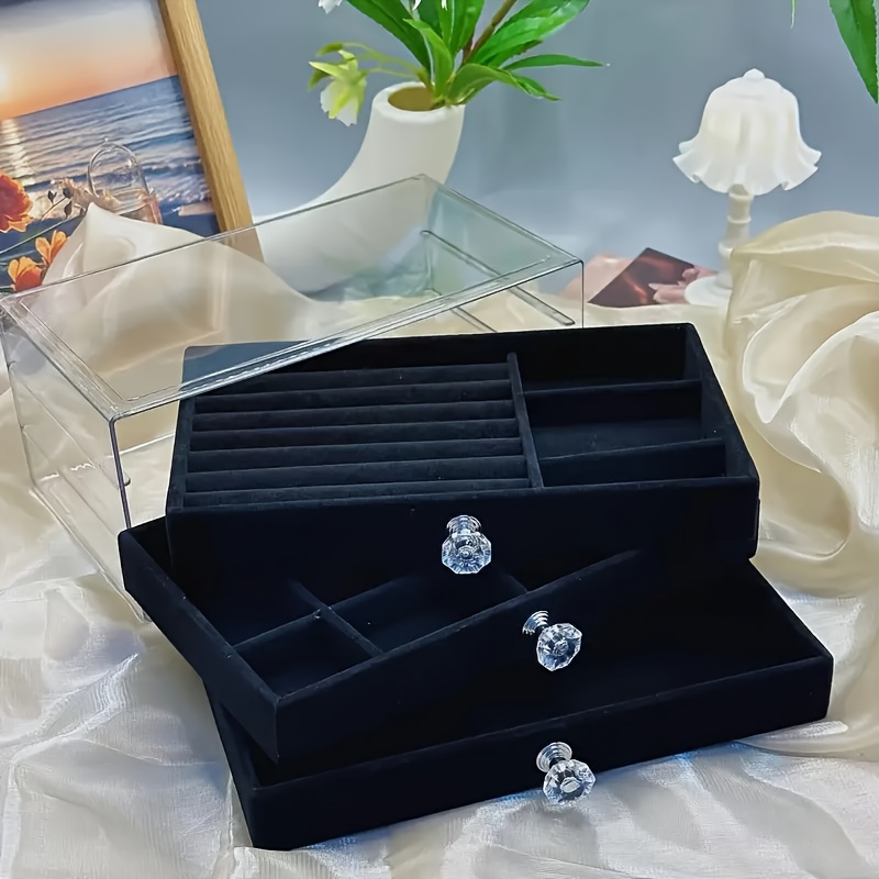 transparent plastic jewelry storage box with drawers - compact and durable, suitable for earrings, rings necklaces bracelets & pendants, jewelry storage organizer, jewelry box, large jewelry organizer storage, jewellery case, jewelry box packaging, earring organizer, necklace holder, minimalist organizer, contemporary design, sturdy construction, fabriclined interior, drawer organizer, fashion accessories Product details 1