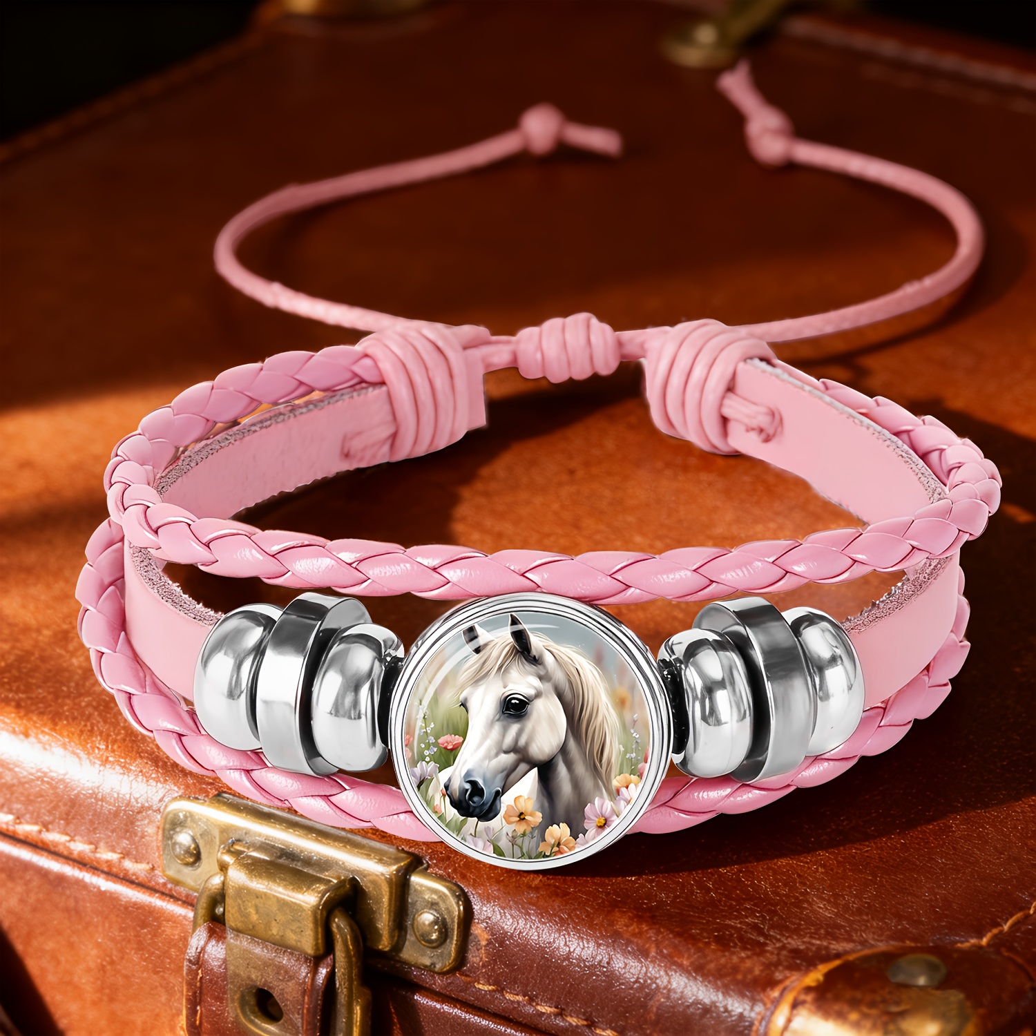 Image of 1pc Pink Bracelet, Featuring A White Horse With Long Flowing Mane And Gentle Eyes Against A Background Of Colorful, And Beautiful Flower Bushes. And Cute Is With Rich, Colorful Patterns, Making It