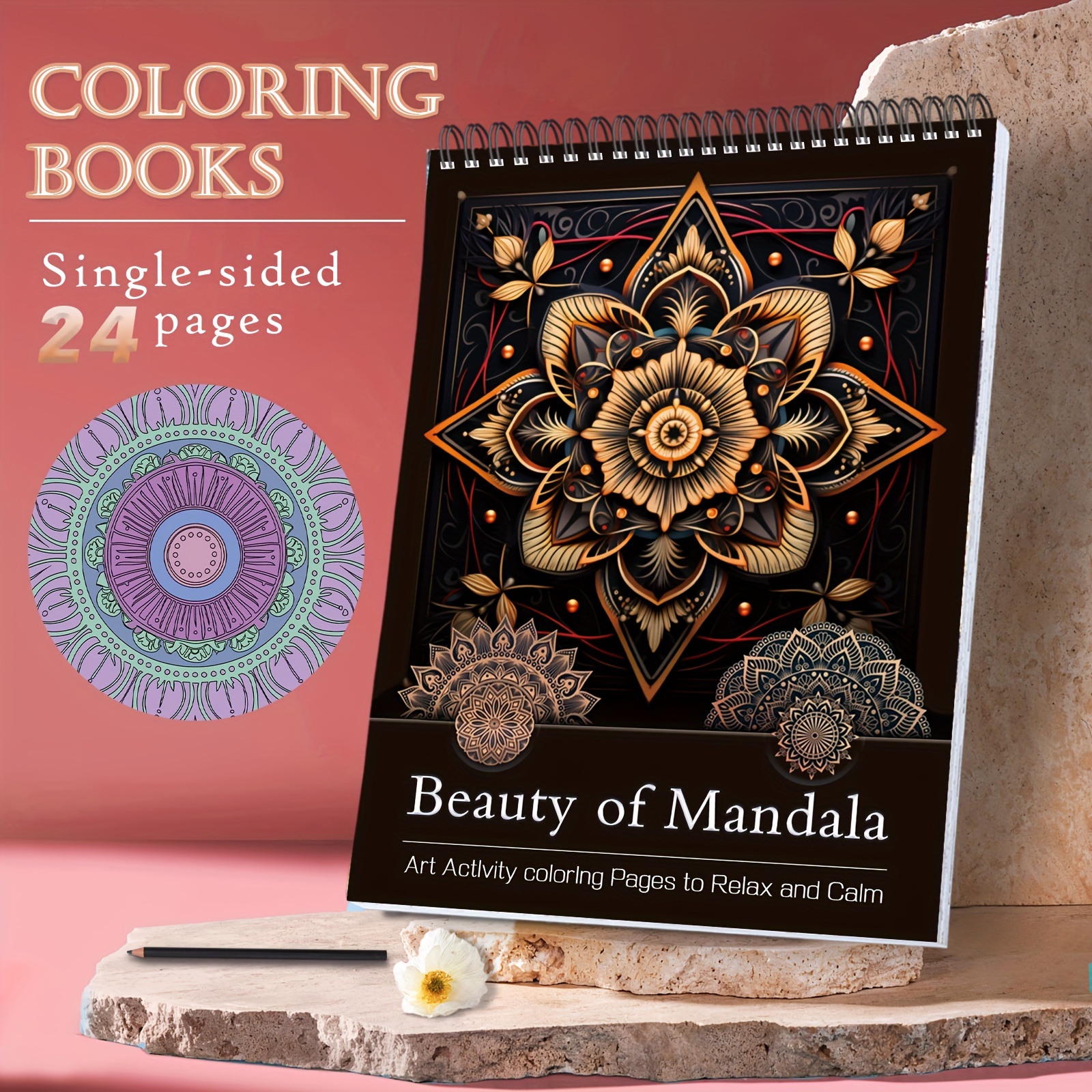 

Livre de coloriage Mandala format A4 pour adultes, 24 designs uniques, pages de coloriage artistiques de relaxation et de soulagement du stress sur un seul côté