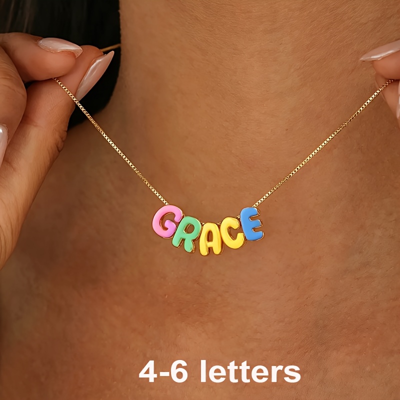 TEMU Custom Name Necklace 304 304 304 304 Stainless Steel Chain Personalized Colorful Enamel Bubble Letter Pendant Dopamine Style Unisex Daily Wear