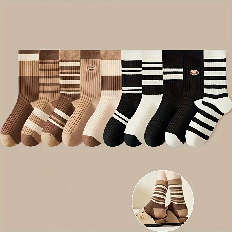 

10pcs Cozy Striped Mid-calf Socks For Women - Soft Polyester & Spandex , Machine Washable, Autumn & Winter Hosiery In Multiple Colors, Cute Socks