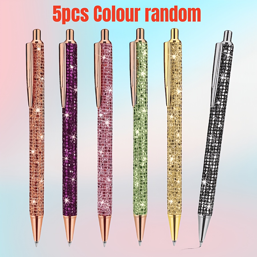 Image of 5pcs Metal Pen Colour Random Sleeves With Shiny Diamonds For And Office Use. Gift Pen, Featuring A Shiny Ballpoint Pen Design With Retractable Black Ink And Medium 1.0mm Tip